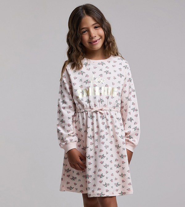 Printed Knit Dress with Crew Neck and Long Sleeves