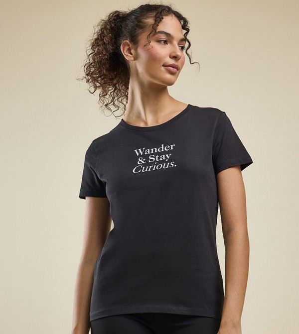 Typography Print T-Shirt with Crew Neck and Short Sleeves