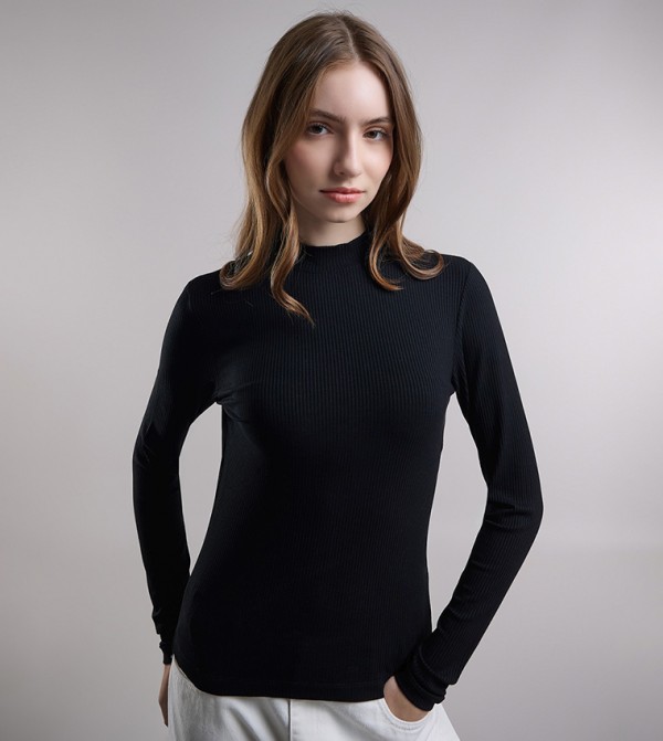 Ribbed Top with High Neck and Long Sleeves