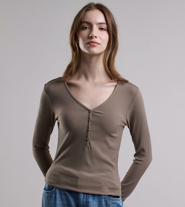 Ribbed Top with V-Neck and Long Sleeves