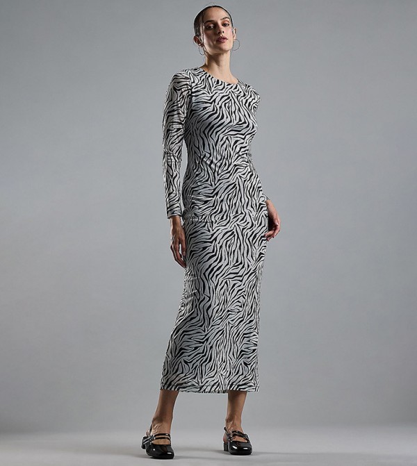 Patterned Bodycon Dress with Crew Neck and Long Sleeves