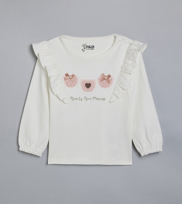 Appliqued Top with Crew Neck and Puff Sleeves
