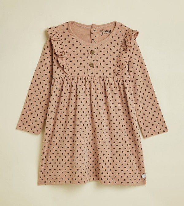 فستان منقط بياقة مستديرة وكم طويل 