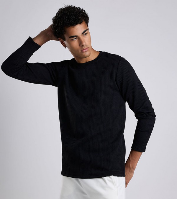 Textured T-Shirt with Crew Neck and Long Sleeves