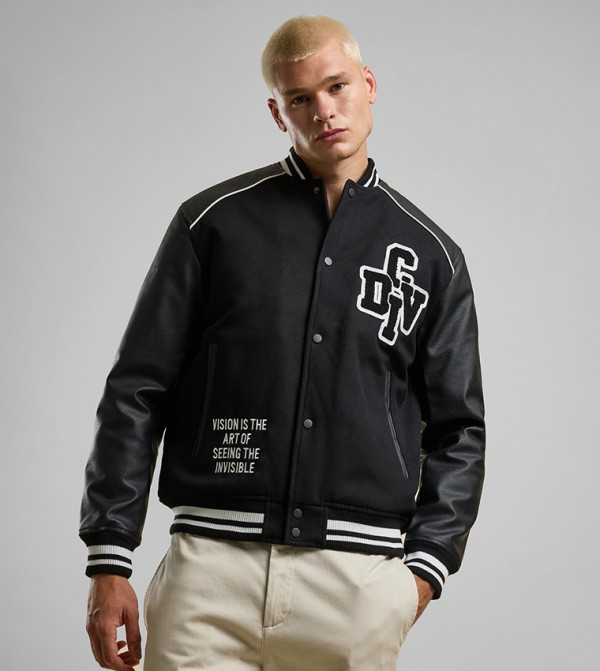 Appliqued Bomber Jacket with Button Closure