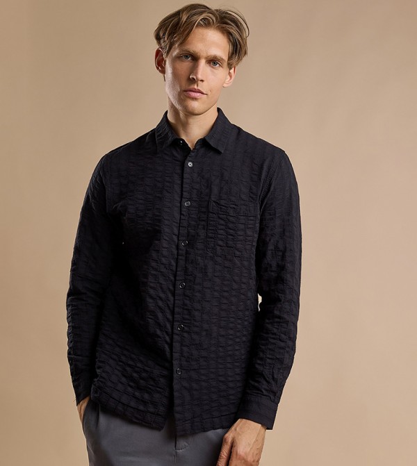 Textured Hooded Shirt with Classic Collar and Long Sleeves
