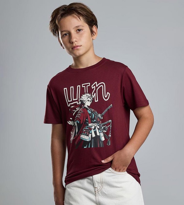 Graphic Print T-Shirt with Crew Neck and Short Sleeves