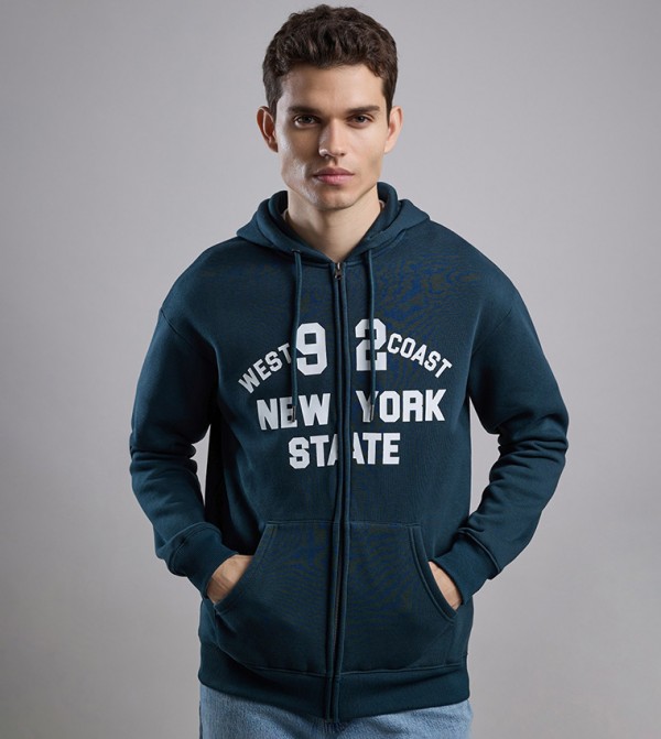 Typography Print Hooded Jacket with Zipper Closure