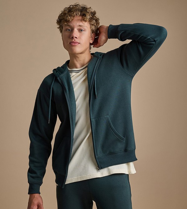 Solid Hooded Jacket with Zipper Closure