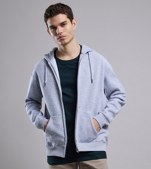 Solid Hooded Jacket with Zipper Closure