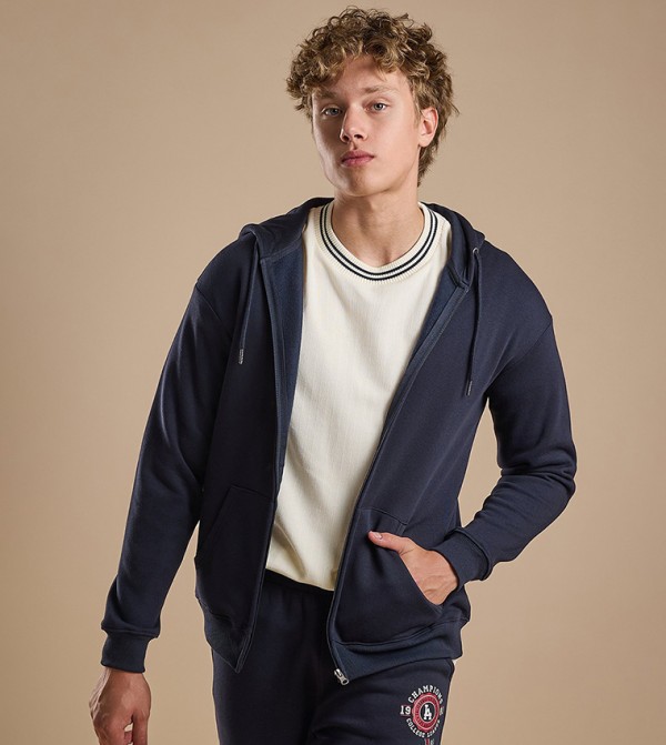 Solid Hooded Jacket with Zipper Closure