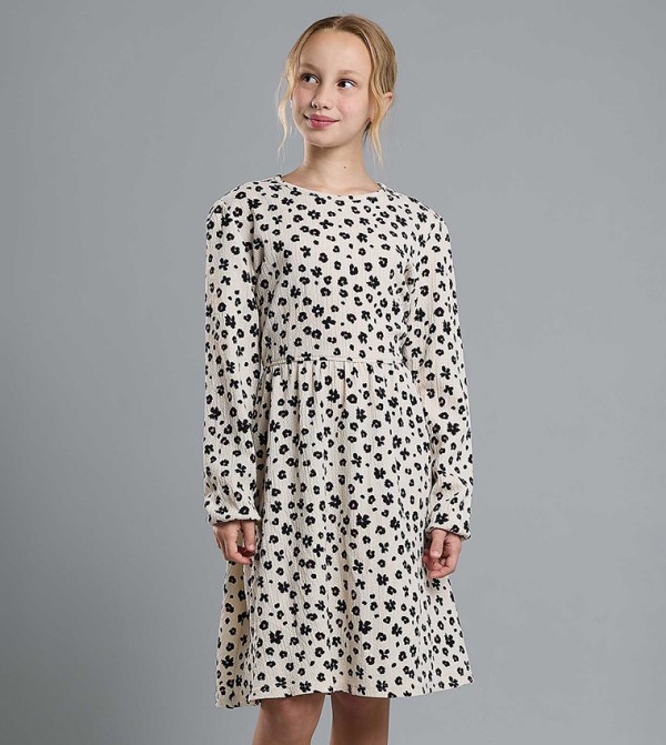 Printed Flared Dress with Crew Neck and Long Sleeves