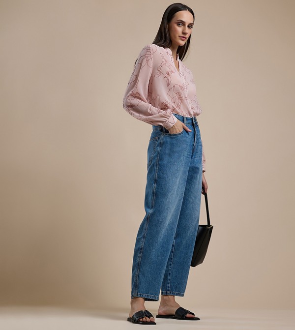 Washed Balloon Fit Jeans with Button Closure