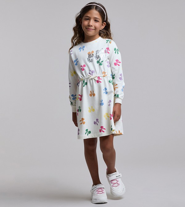 Printed Flared Dress with Crew Neck and Long Sleeves