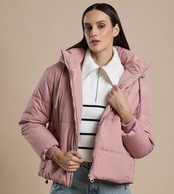 Quilted Hooded Puffer Jacket with Zipper Closure