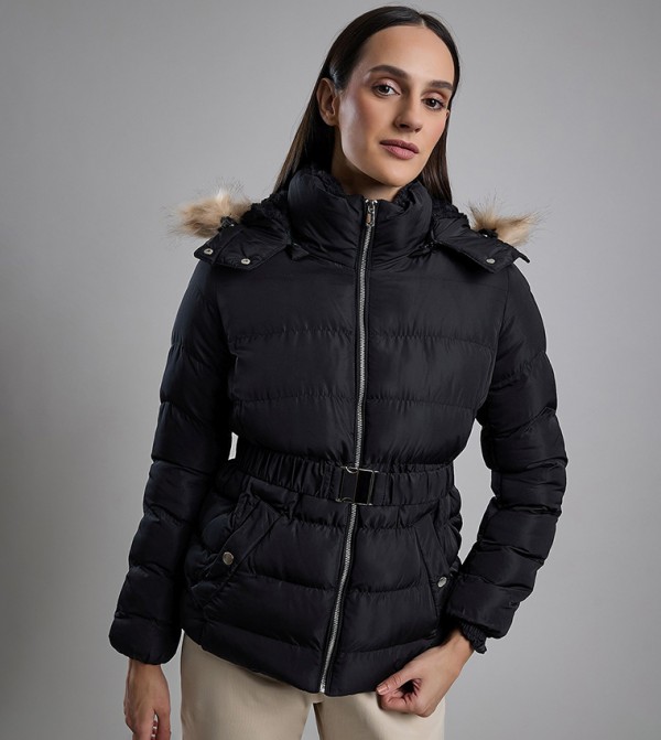 Quilted Hooded Puffer Jacket with Zipper Closure