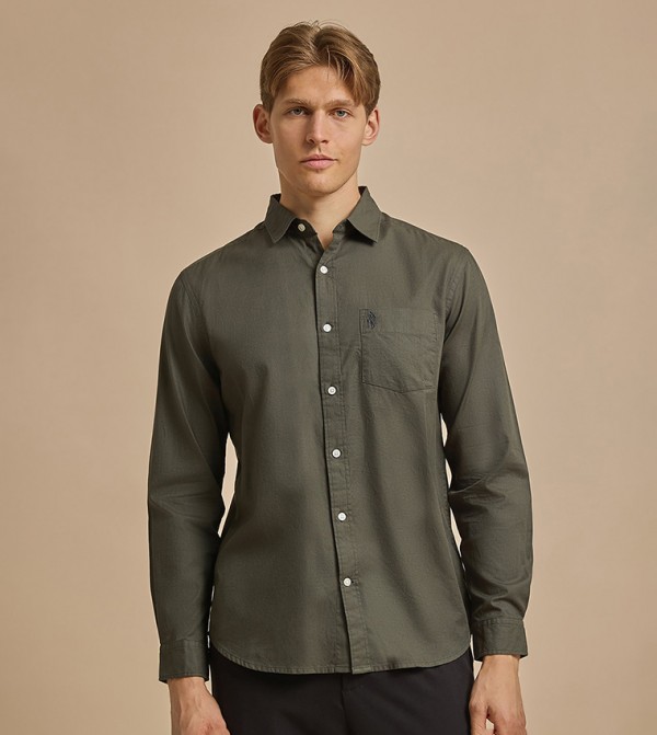 Solid Shirt with Classic Collar and Long Sleeves