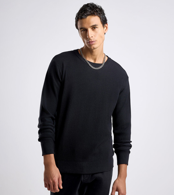 Textured Sweater with Crew Neck and Long Sleeves