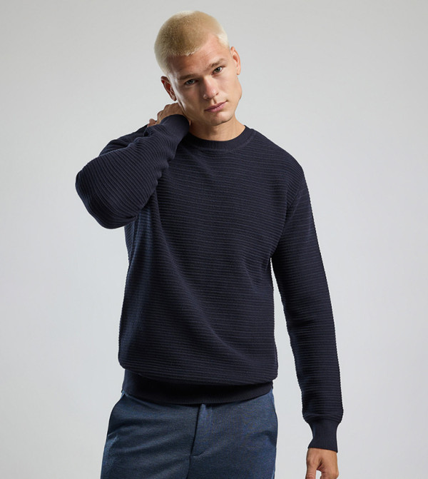 Textured Sweater with Crew Neck and Long Sleeves