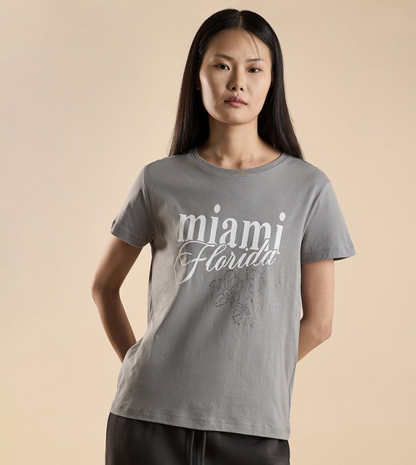 Typography Print T-Shirt with Crew Neck and Short Sleeves