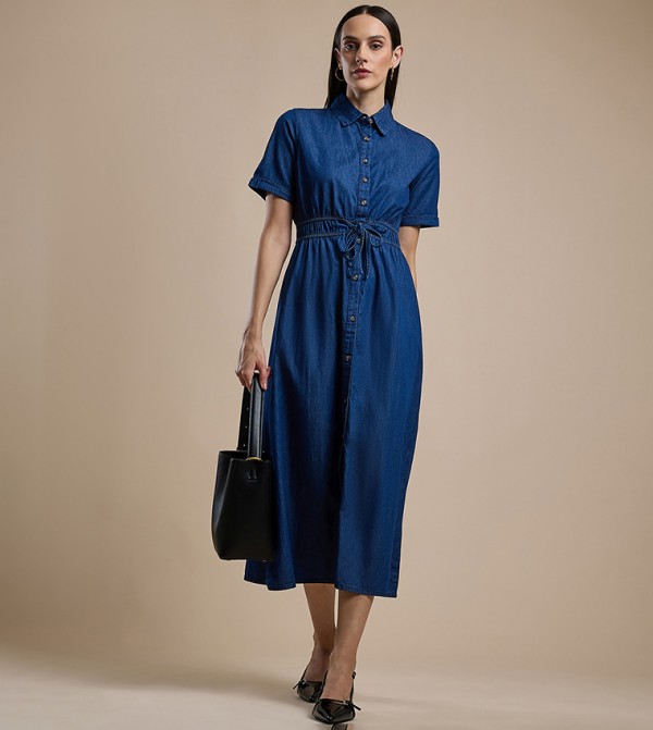 Solid Shirt Dress with Classic Collar and Short Sleeves