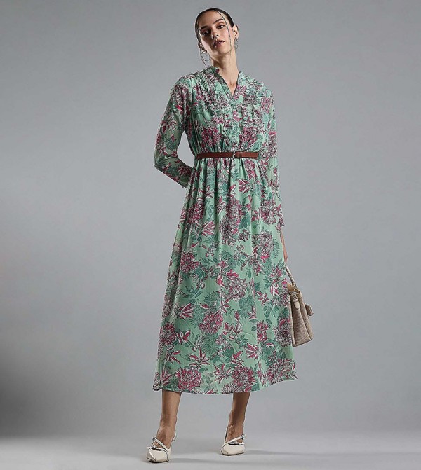 Floral Print Midi Dress with Stand Collar and Long Sleeves