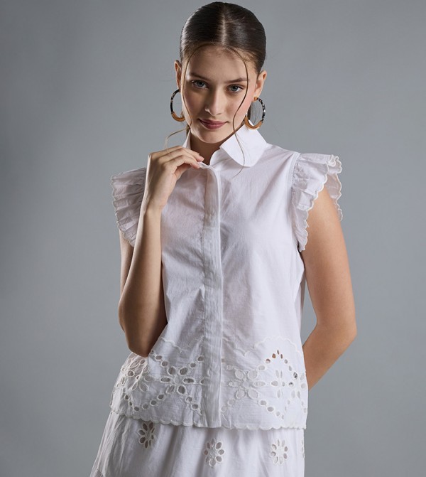 Openwork Shirt with Classic Collar and Ruffle Sleeves