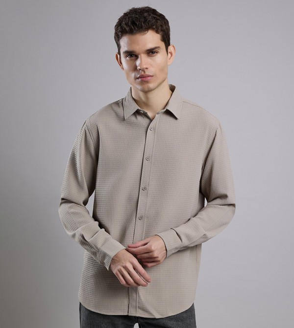 Textured Shirt with Classic Collar and Long Sleeves