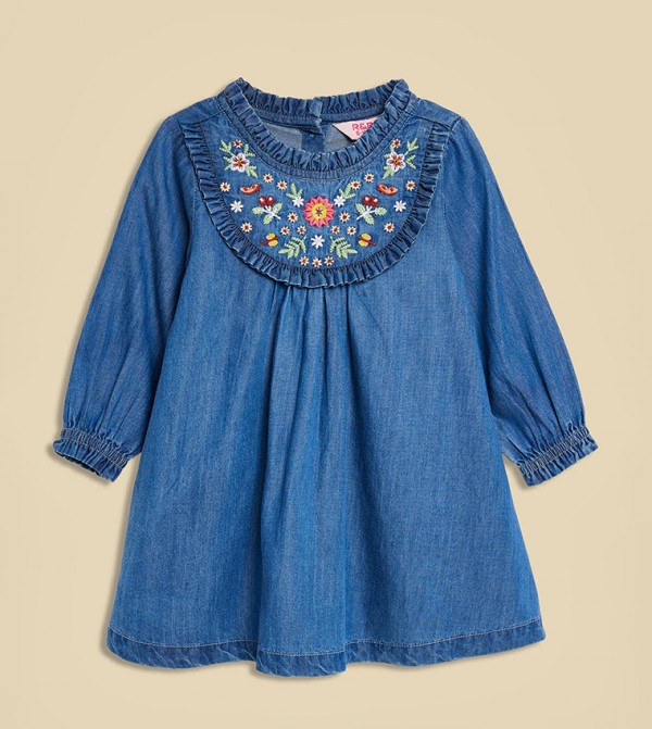 Embroidered Denim Dress with Crew Neck and Long Sleeves