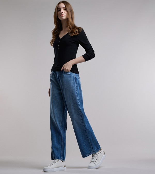 Washed Wide Leg Jeans with Button Closure