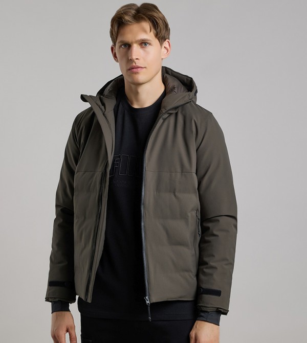 Zippered Hooded Puffer Jacket with Long Sleeves