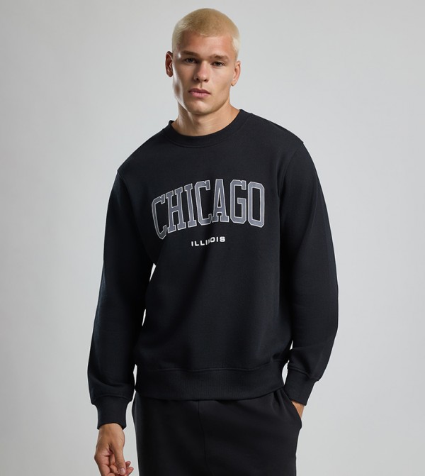 Typography Print Sweatshirt with Crew Neck and Long Sleeves