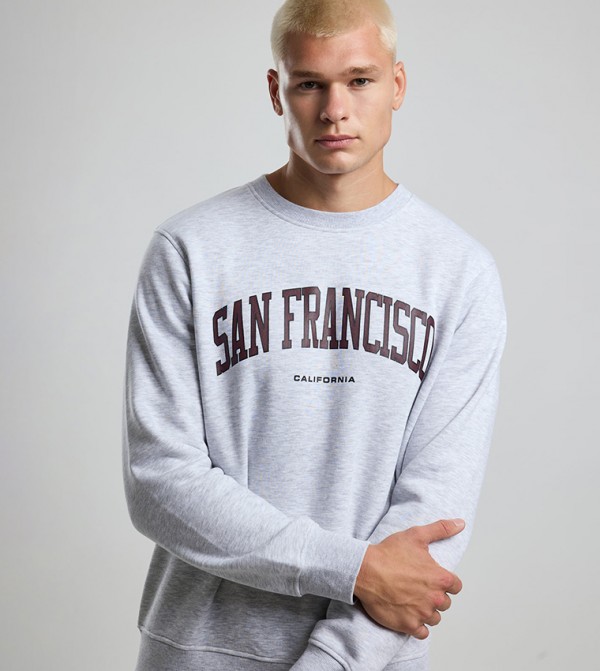 Typography Print Sweatshirt with Crew Neck and Long Sleeves