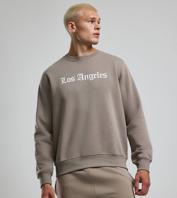 Typography Print Sweatshirt with Crew Neck and Long Sleeves