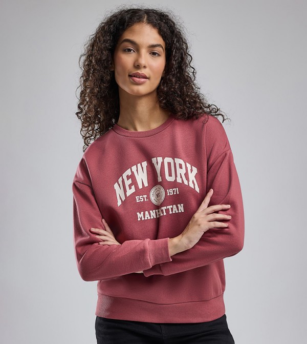 Typography Print Sweatshirt with Crew Neck and Long Sleeves