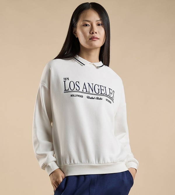 Typography Print Collared Sweatshirt with Long Sleeves