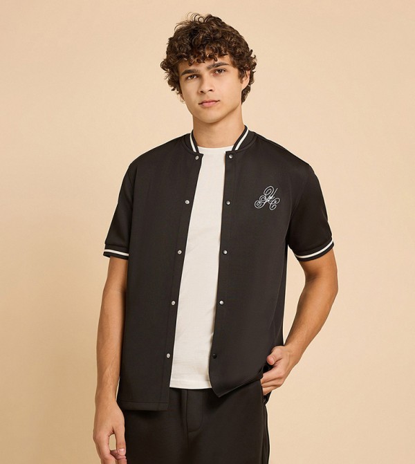 Embroidery Detail Shirt with Stand Collar and Short Sleeves