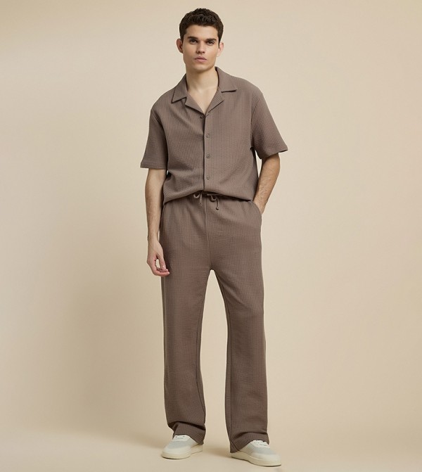 Textured Straight Fit Pants with Drawstring Waist