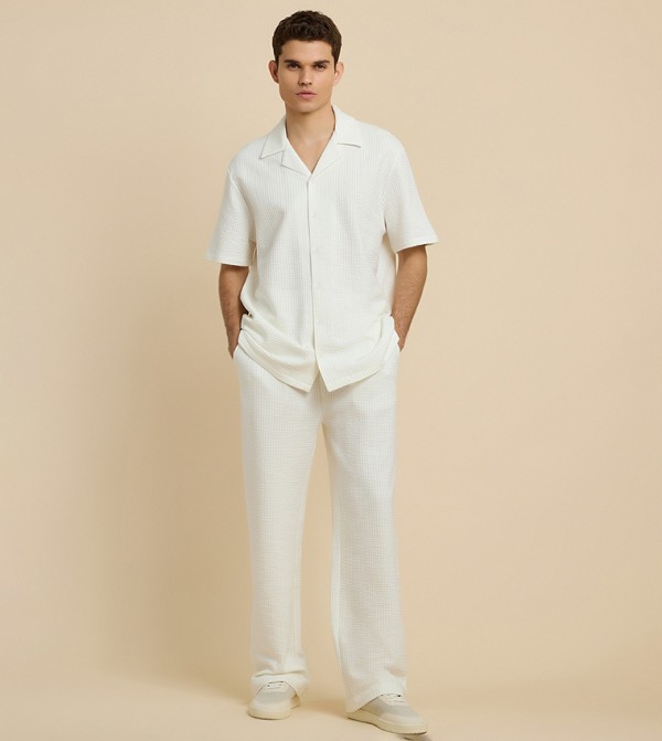 Textured Straight Fit Pants with Drawstring Waist