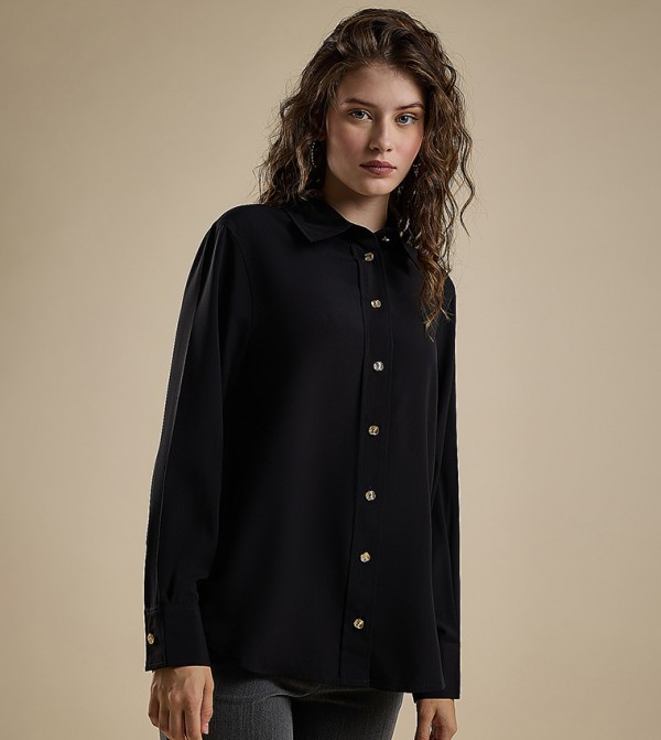 Solid Shirt with Classic Collar and Long Sleeves
