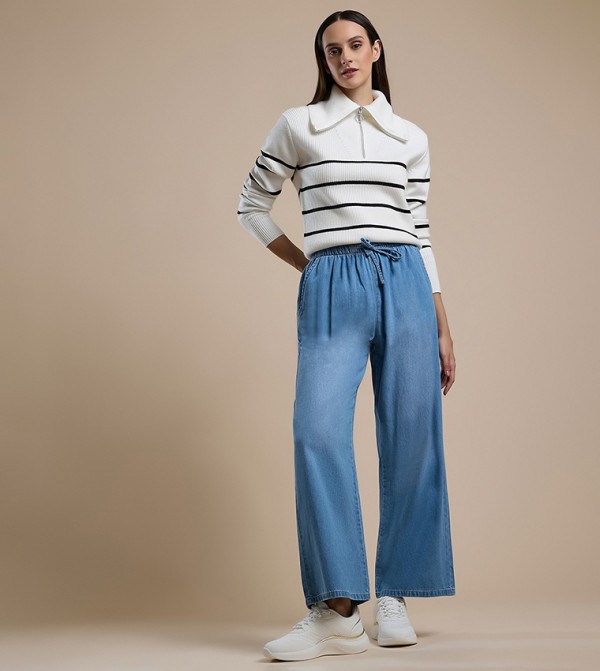 Faded Wide Leg Jeans with Drawstring Waist