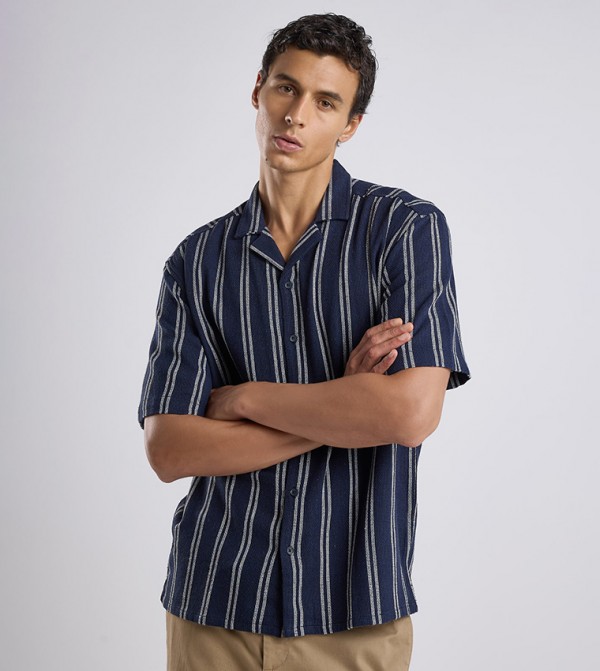 Striped Shirt with Revere Collar and Short Sleeves