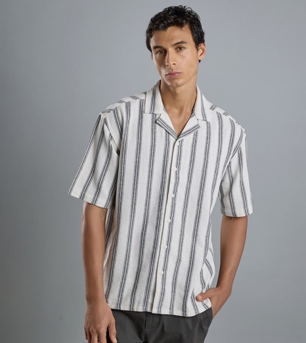 Striped Shirt with Revere Collar and Short Sleeves