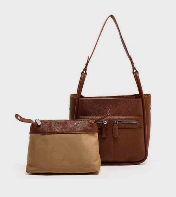 Textured Shoulder Bag with Pouch