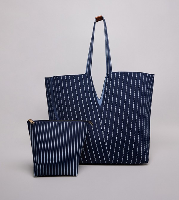 Striped Canvas Tote Bag with Pouch