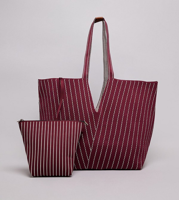 Striped Canvas Tote Bag with Pouch