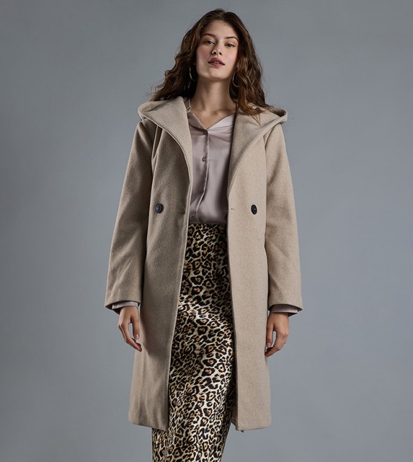 Textured Hooded Overcoat with Button Closure