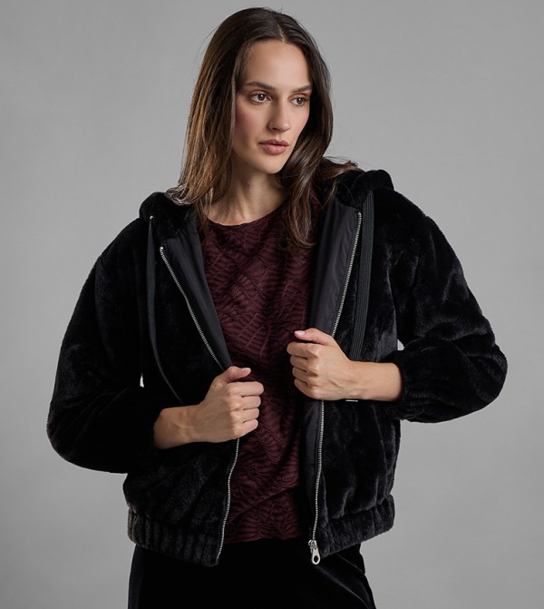 Solid Hooded Jacket with Zipper Closure