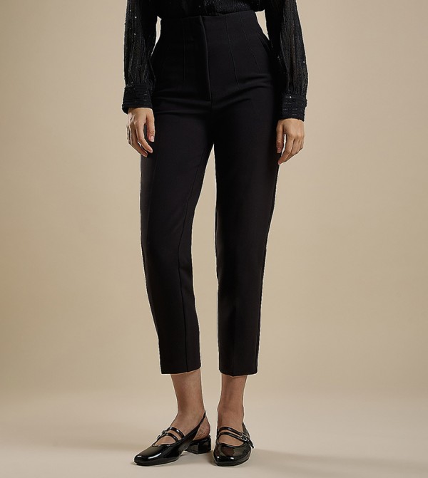 Solid Slim Fit Trousers with Button Closure