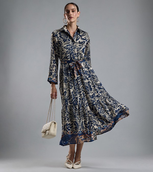 Patterned Shirt Dress with Long Sleeves